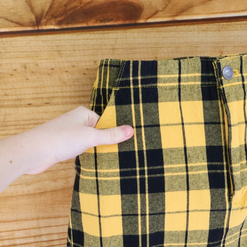 Hollister California Mini Skirt Womens Size S‎ Yellow Black Plaid Cotton Pockets